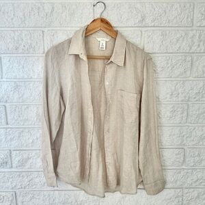 H&M Size S Tan Women’s Linen Button Up Collared Blouse with Pocket and Sleeves